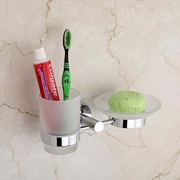 U-S-F BATH ACCESSORIES LEE Anti Rust, Corrosion-free 304 Stainless Steel Silver Finish Soap Dish with Tumbler Holder Glass