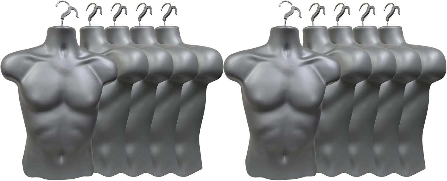 DisplayTown 1 Pack Gray Male Mannequin Injection Form Half Rounded Waist Body Torso Dress Form with Only Hanging Hook, S-M Sizes