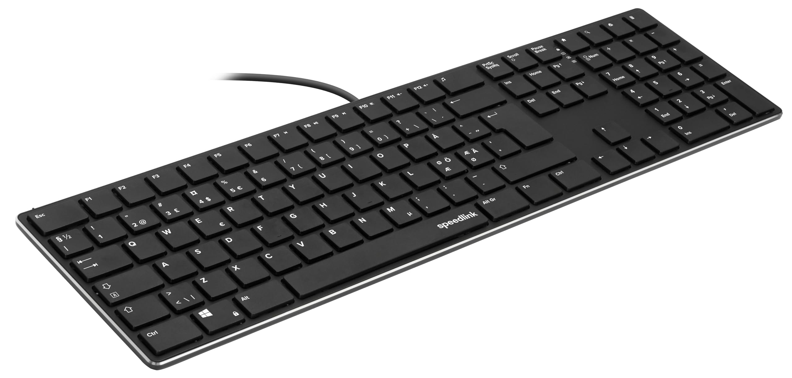 Speedlink Riva Scissor - Elegante alloggiamento in metallo, tastiera silenziosa, tasti piatti, tastiera PC con cavo USB, switch scissor durevoli, cablato, layout scandinavo QWERTY Nordic, nero