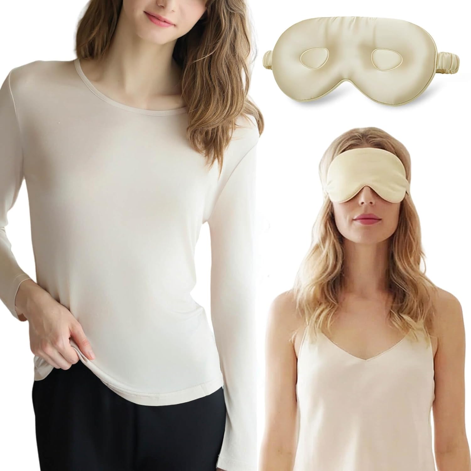 Women's Silk Thermal Underwear Tops Crewneck Long Johns T-Shirt Knit Base Layer,Beige,XL and Silk Eye Mask for Sleeping Women Men Blindfold,Beige