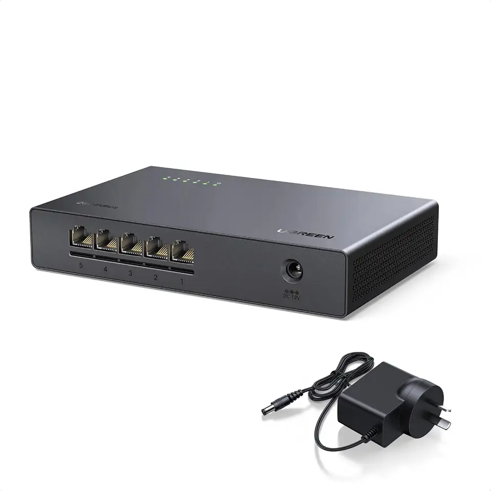 Ugreen 2.5Gbps Ethernet Switch 5 Port with 12V 1A AC AU Power Adapter, Unmanaged Network Splitter with 5X 2.5Gbps Ports, Plug & Play, Fanless Quiet, Desktop/Wall Mount, LED Indicator, for PC Router