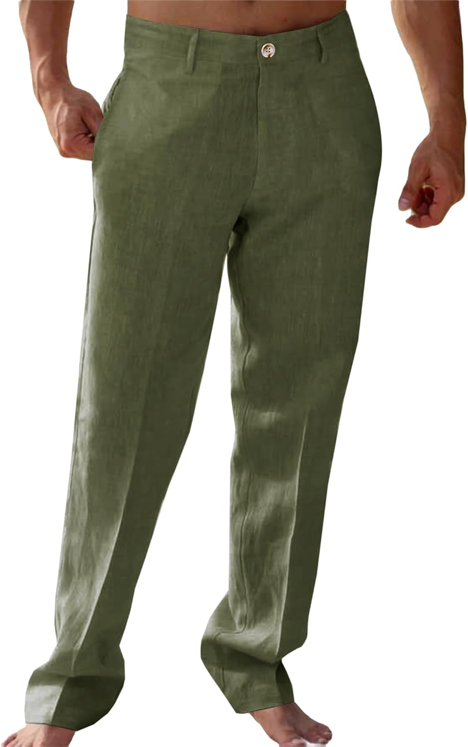 Runcati Mens Casual Pants Linen Elastic Waist Lightweight Straight Leg Pants Cotton Loose Fit Summer Beach Yoga Trousers