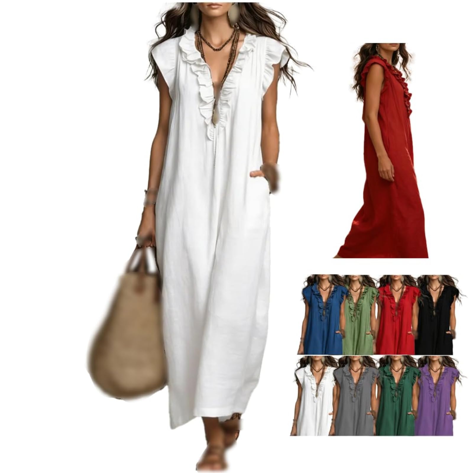 Robe d'été en lin sans manches coupe ample boutonnée col V légère - 3