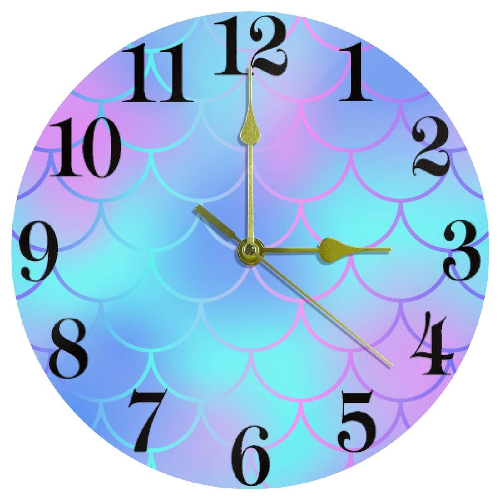 Horloge murale ronde à quartz avec motif écailles bleues violettes 25cm