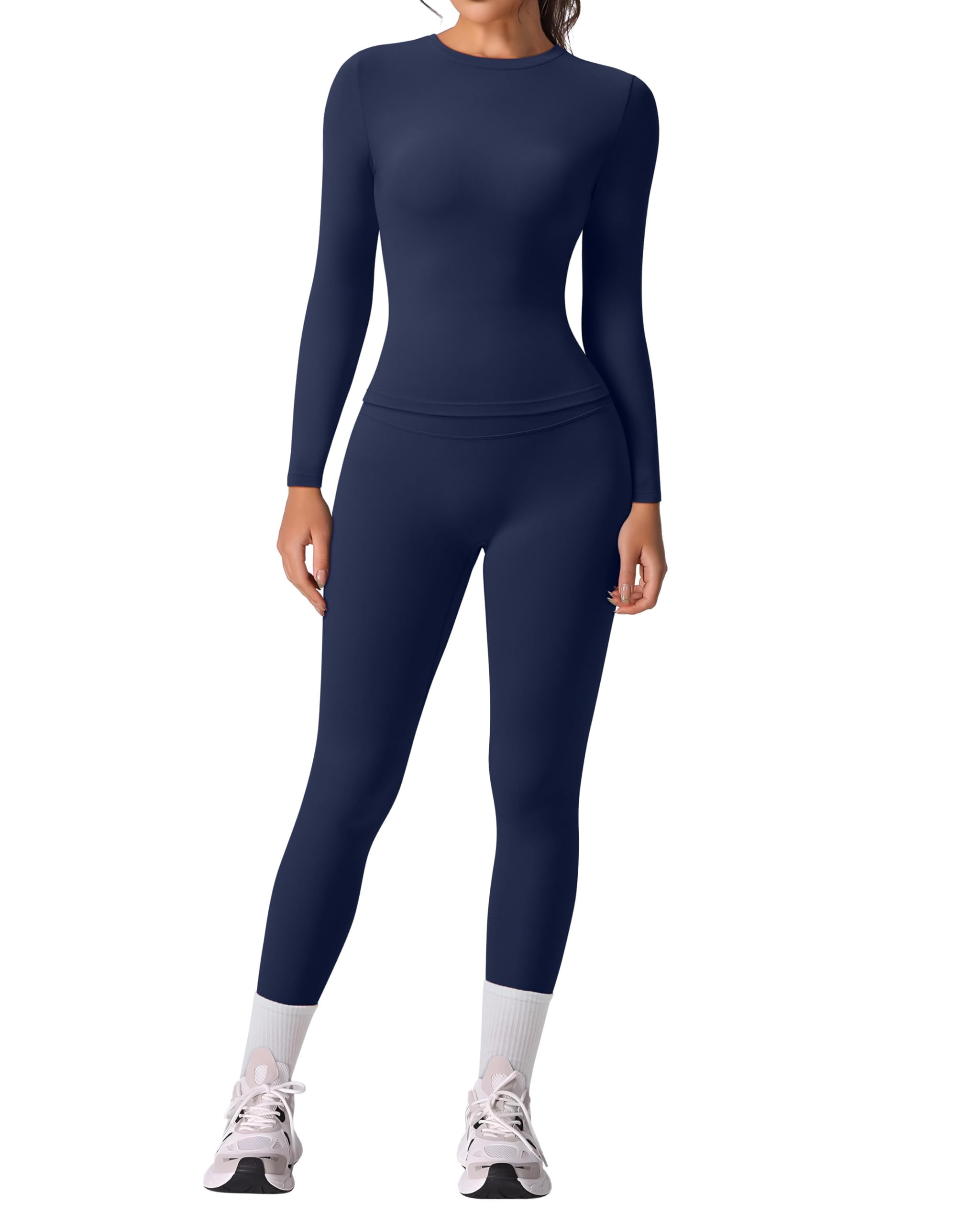 RXRXCOCO Slim Fit Workout Sets for Women 2 Piece Hidden Scrunch Leggings Long Sleeve Yoga Tops Matching Set