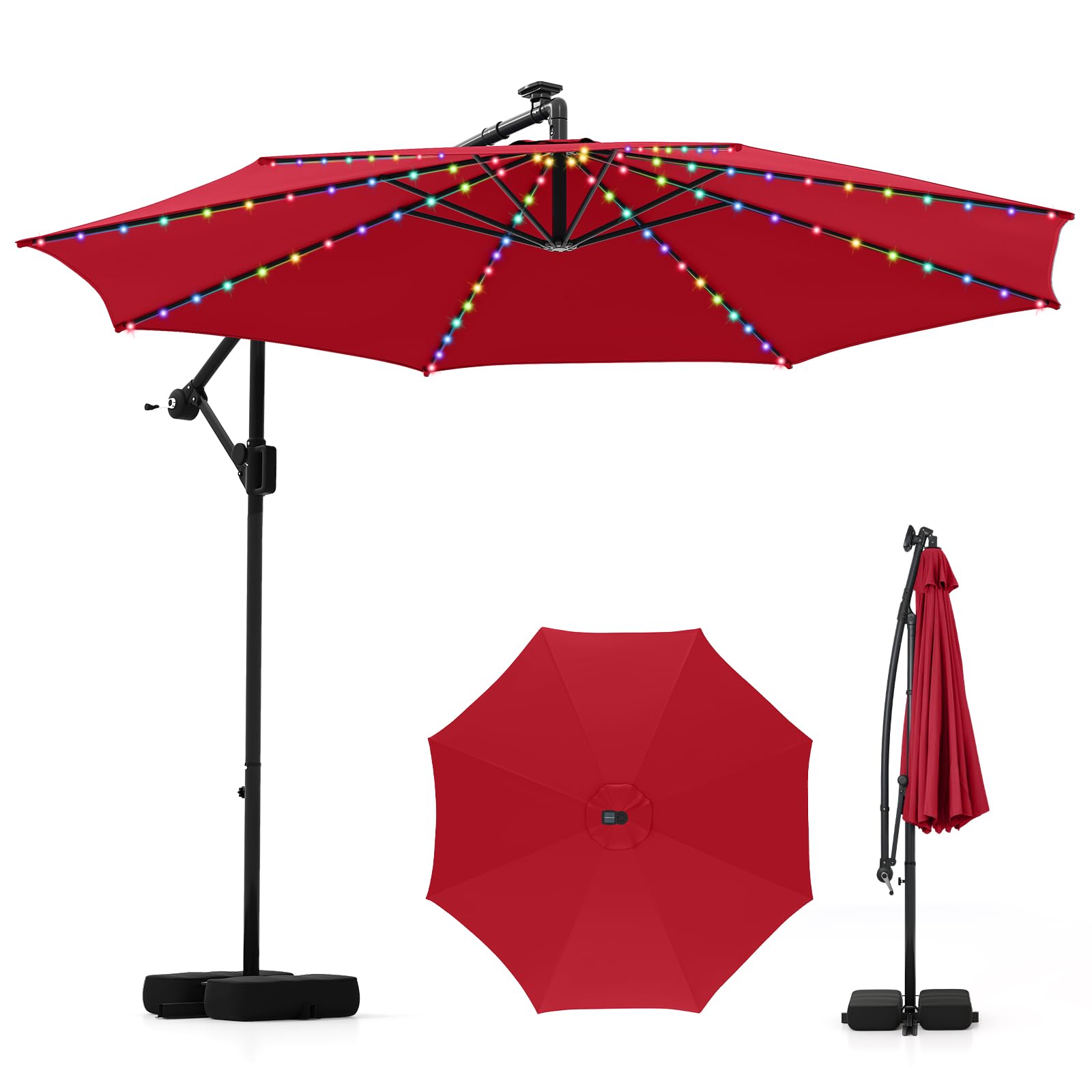 Tangkula 10 FT Solar Patio Umbrella with Base Included, Cantilever Offset Hanging Outdoor Umbrella with 96 Multi-Colored Flowing LED Lights, 9 Modes, Tilt Adjustment, 360° Rotation, Crank for Pool Yard