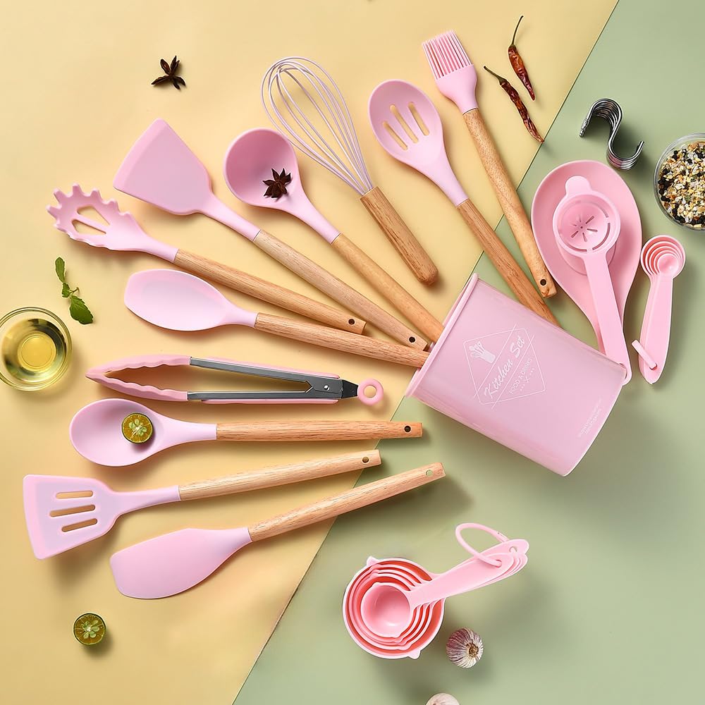 34pcs Kitchen Silicone Cookware Set, Silicone Cooking Kitchen Utensils Set with 10 Hooks, Egg Beaters, Food Holders, Spoons Cooking Tools, Stirring Kitchen Tools for Nonstick Cookware (Pink)