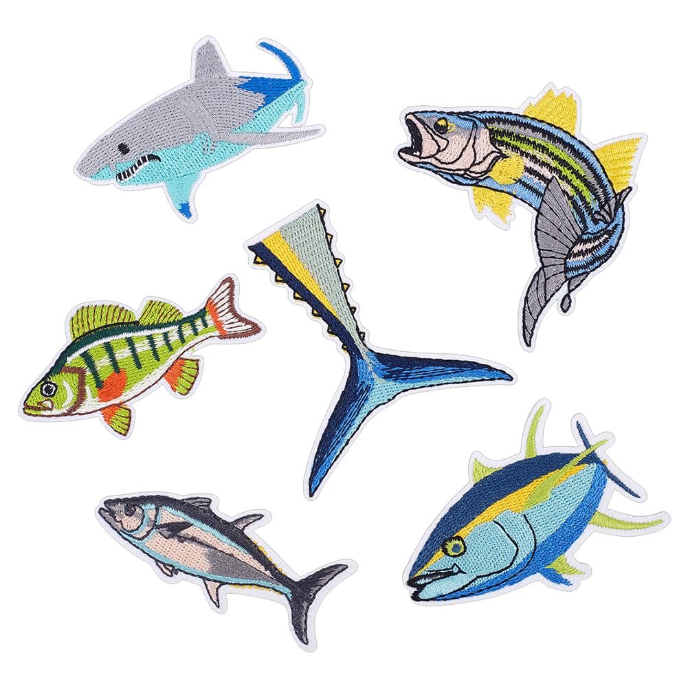 12 toppe da applicare con ferro da stiro, 6 stili di animali marini, ricamate con squalo di tonno, accessori per costume per decorare vestiti