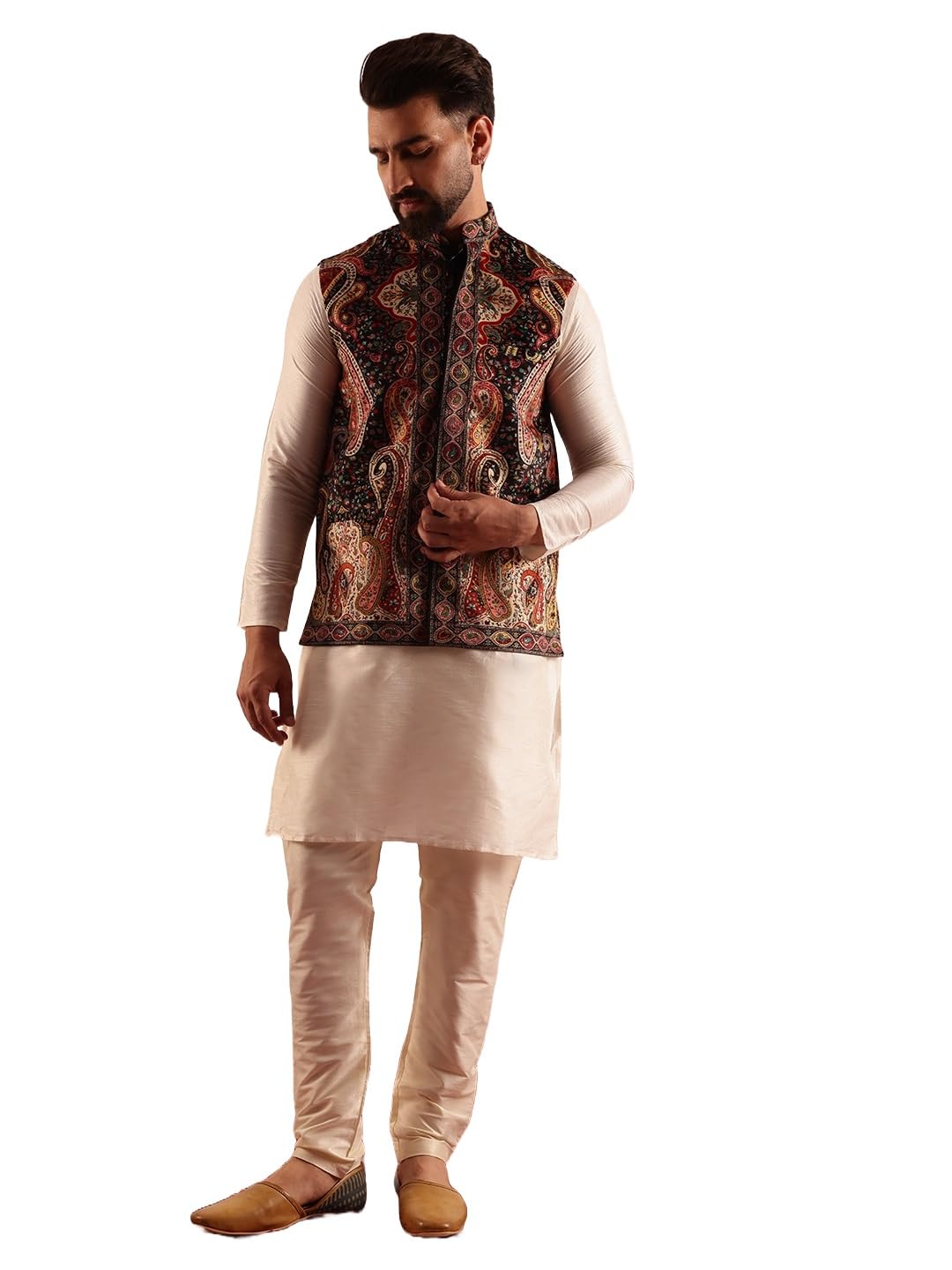 sojanya Men's Silk Blend Cream Kurta and Pyjama With Paisley Design Velvet Nehru Jacket-picture-18