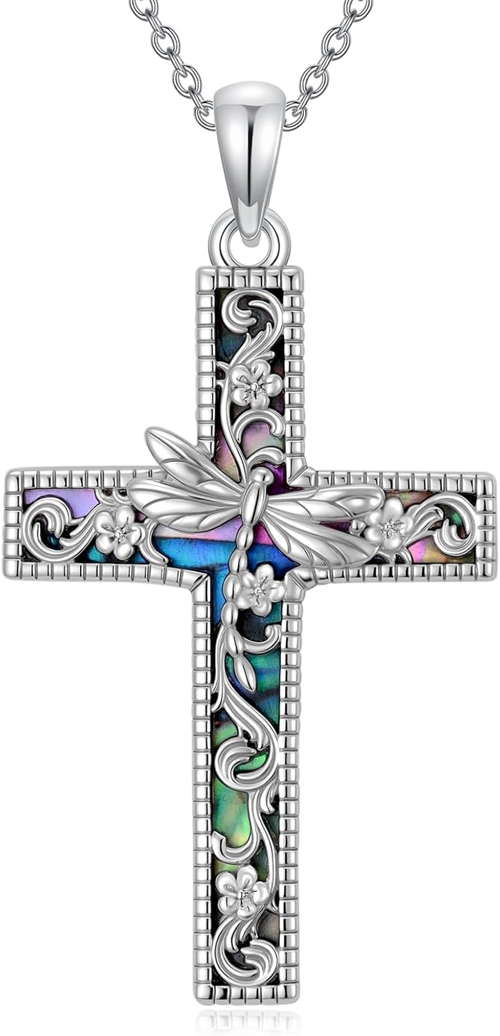 Cross Mountains Necklace 925 Sterling Silver Turquoise/Lapis Lazuli/Abalone/Moonstone Gravel Sunset Pendant Nature Jewelry Faith Christian Gift for Men Women