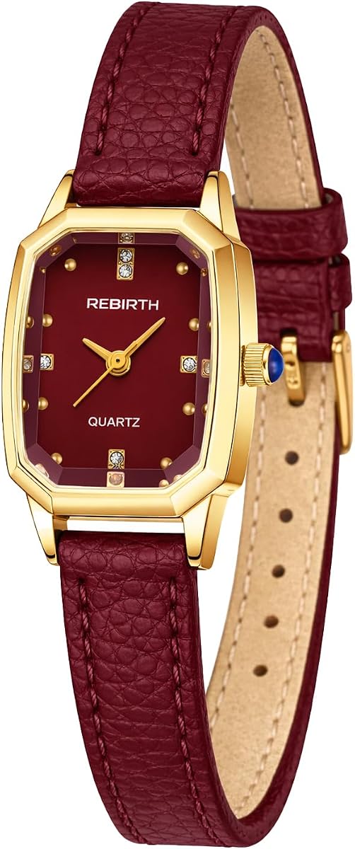 Women’s Gold Rectangular Quartz Watch Dress Wristwatch Red Leather Strap
