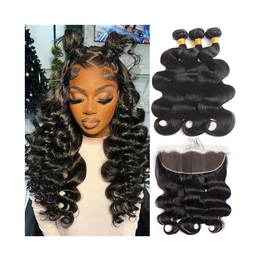 Paquetes de ondas corporales de pelo humano real con frontal 13x4 brasileño de 24-28 pulgadas