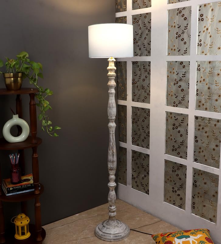 Image of tu casa Mango Wooden Floor Lamps with Sky Blue Shade for Home Decor, Bedrooms Corner, Living Room, Gifting, Diwali Decoration, Hall, Office, Study Room (Height: - 56 inch) - Bulb not Included
