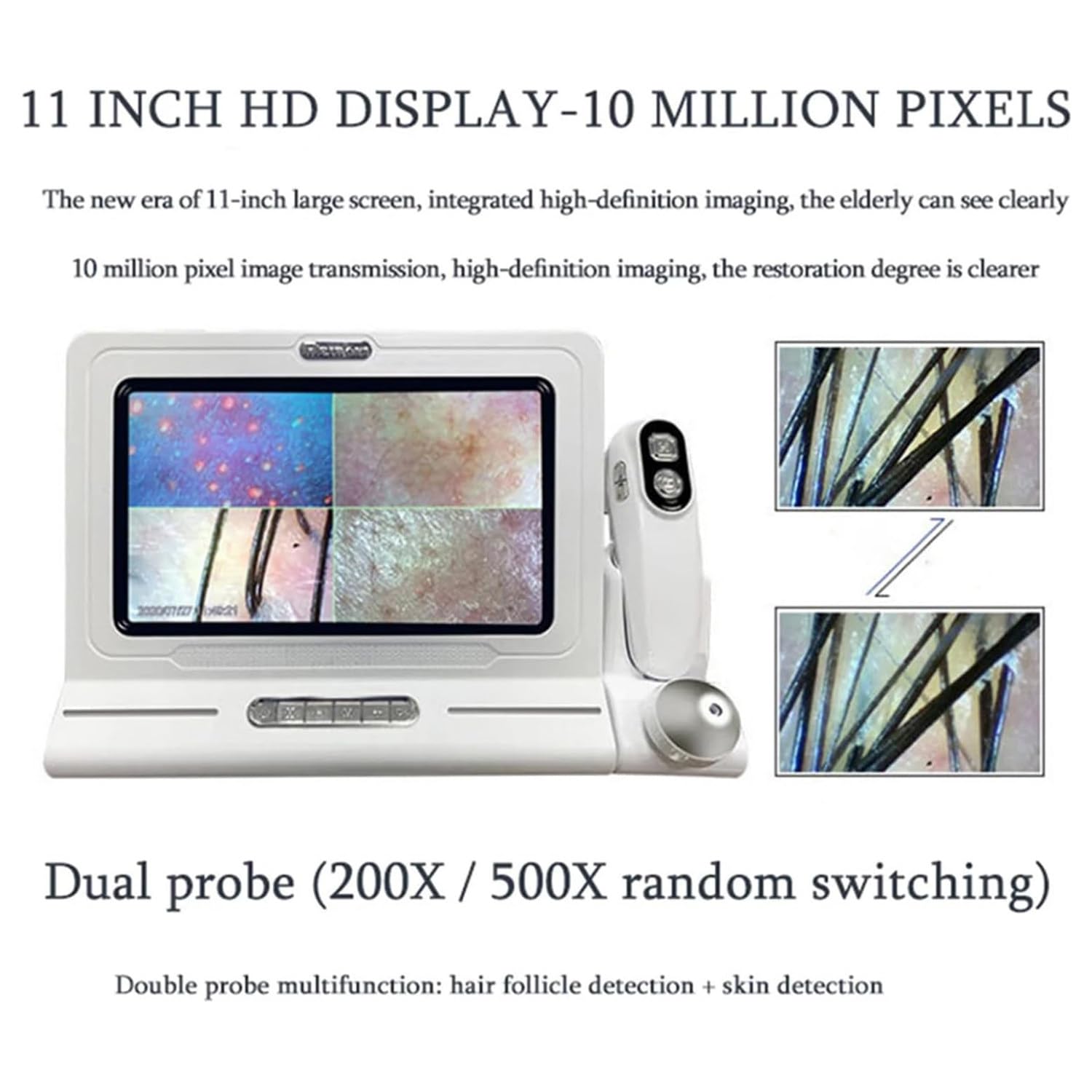 11 Zoll HD Haut- und Kopfhaut-Analysegerät, 50x/200x Vergrößerung, 4-Spektrum-Erkennung, Polarisationslicht, Haarfollikel-Detektor für Salon, Klinik und Heimgebrauch