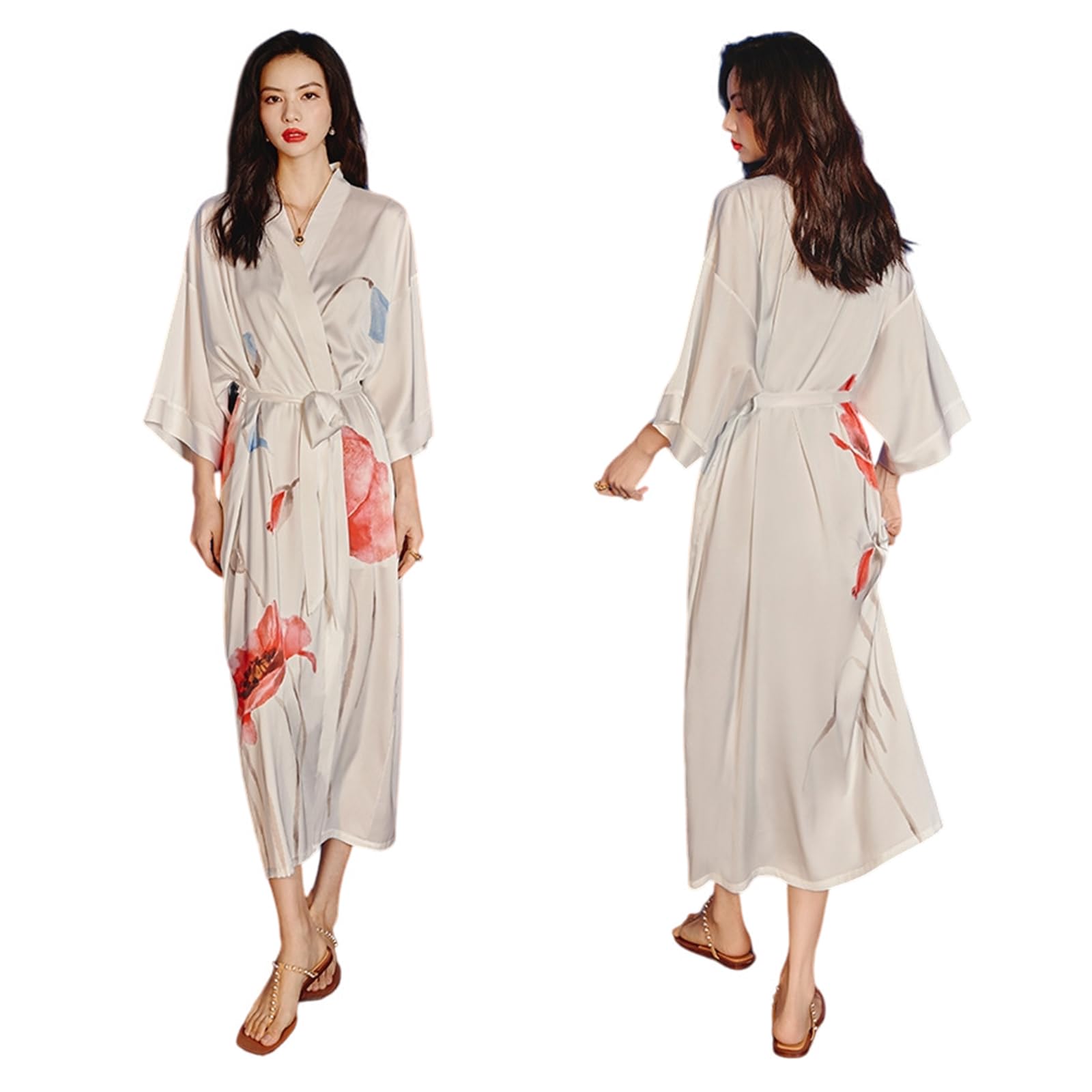 Women's Lightweight Silk Touch Bathrobe Summer Robe Homewear Long Gown Single Piece Nightgown Lace Satin Yukata Lightweight Above Knee Long Robe for Women white Large