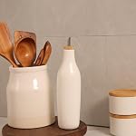 HOMCDALY Ceramic Olive Oil Dispenser for Kitchen, Stoneware 16oz Oil and Vinegar Bottles Dispenser, Kitchen Dispenser Bottle for EVOO Vinegar Syrups, Modern Farmhouse Design(W)