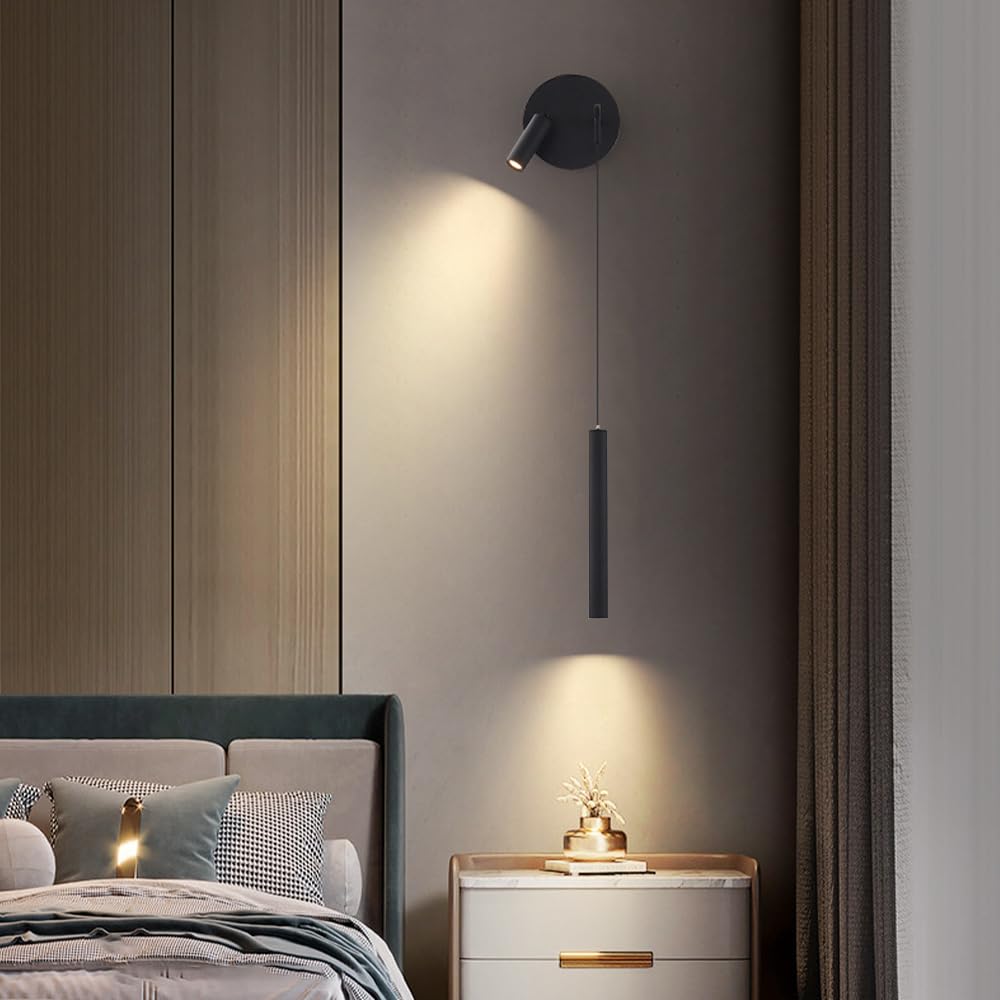 Lampada da Parete a Tubo Lungo, Lampada da Parete Moderna a LED con Piccolo Faretto Girevole e Orientabile, Lampade da Lettura da Comodino Nere, Applique da Parete con Flauto in Metallo per Camera da
