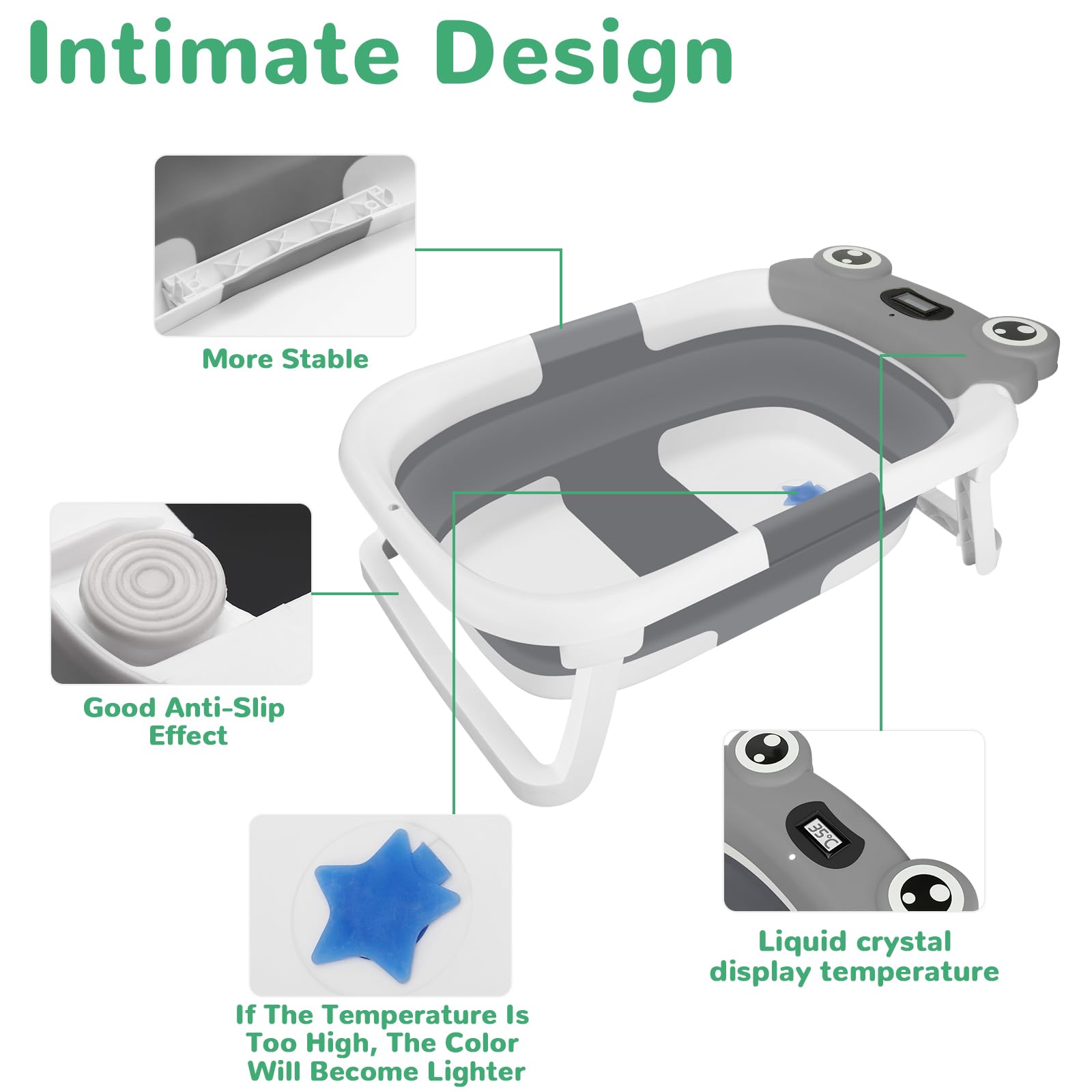 Vaschetta Bagnetto Neonato Pieghevole con Indicatore di Temperatura, Bagnetto Neonato con Supporto, Vasca Neonato Bagnetto con Presa per Soffione Doccia, Salvaspazio, per Bambini da 0 a 36 Mesi(rana)