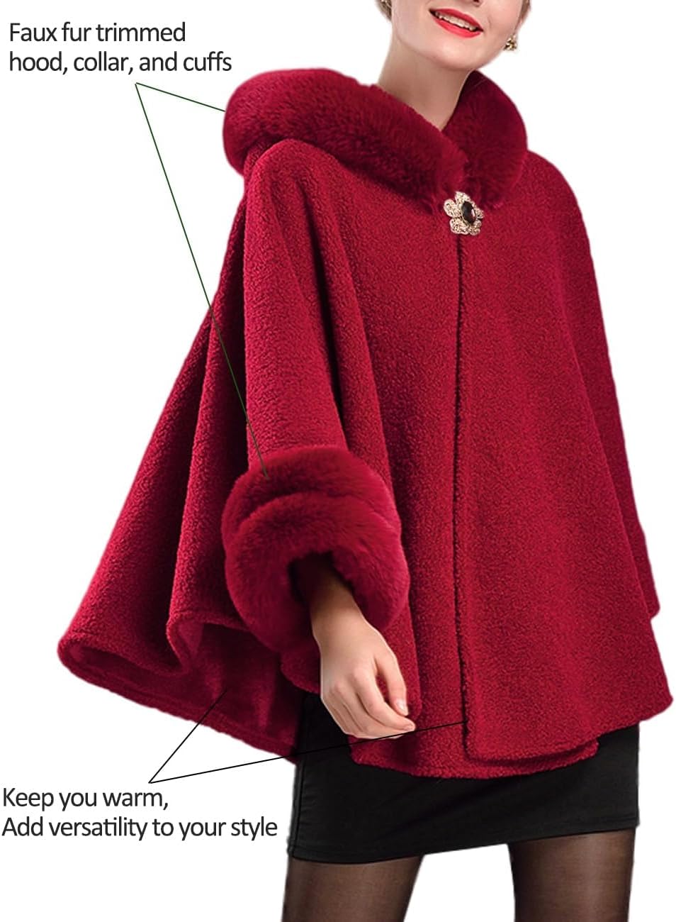 Dahlia Women’s Winter Cape Coat, Luxurious Faux Fur Trim, Fleece Lined Hooded Cloak Style Elegant Poncho Cape - Image 2