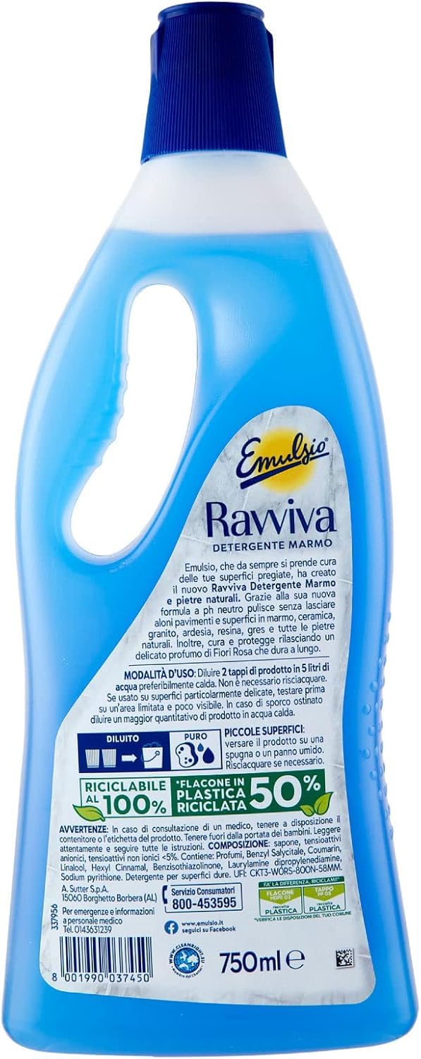 Emulsio Ravviva Marmo - Limpiador de suelos (12 unidades, ideal para superficies y suelos de mármol y piedra natural, sin rayas, 750 ml, incluye llavero Beni Culinari gratuito)
