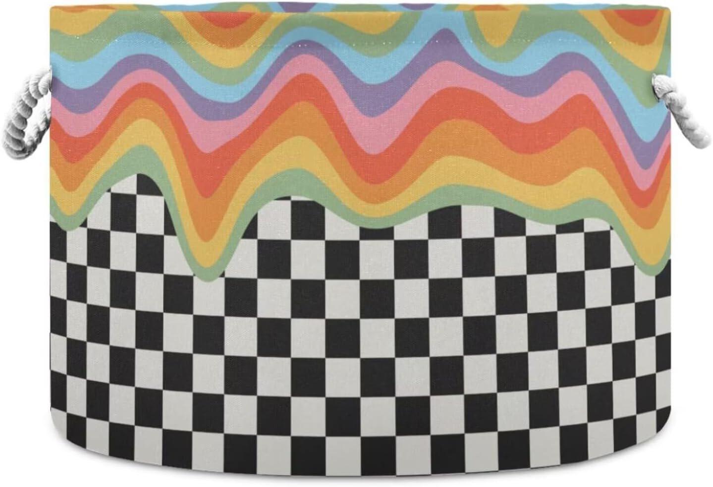 Rainbow Black White Plaid Print Round Storage Basket Checkered Large Laundry Hamper 20 x 20 x 14 Inches Organizer Bin with Cotton Rope Handles Clothes Storage Bag for Nursery Bedroom Living Room Decor