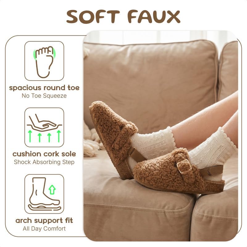 HOMEHOT Girls Clogs Kids Sandals with Fur Cork Adjustable Buckle Mules Cork Footbed