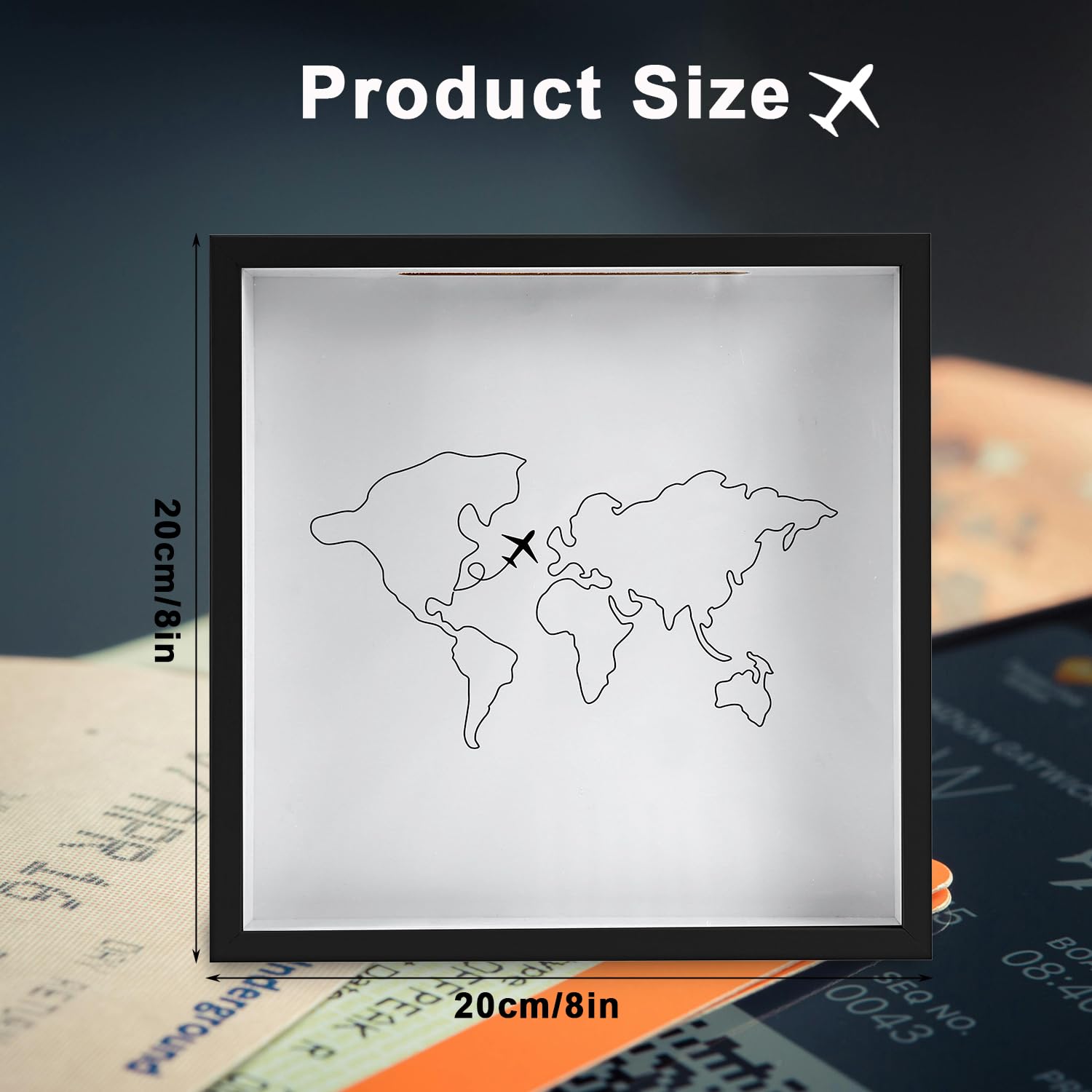 Adventure Archive Box, 8x8 Inch Travel Shadow Box with Slot Wood Frame Travel Tickets Holder Map Plane Design Travel Keepsake Top Loading Shadow Box for Movie Theater Travel Tickets(Black)