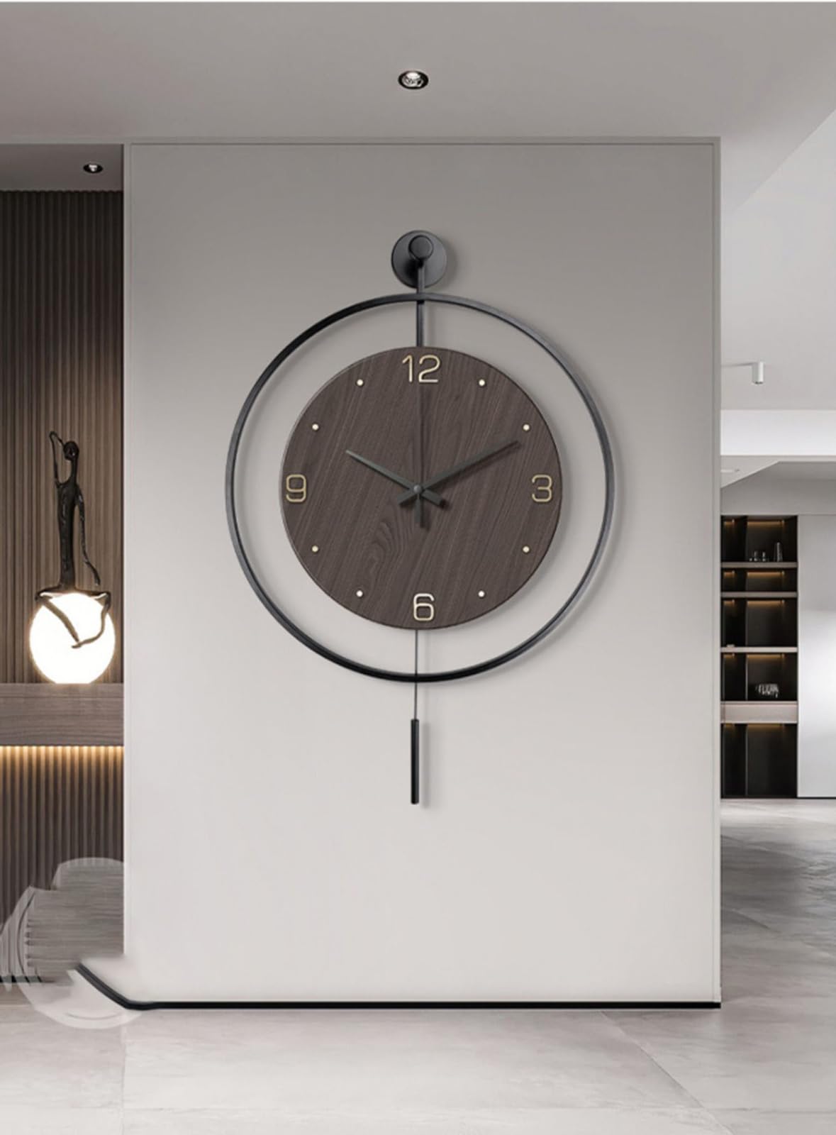 Luksusowy duży zegar ścienny z wahadłem – nowoczesny zegar dekoracyjny, okrągły, minimalistyczny design, metalowy zegar bez tykania, do salonu, sypialni, gabinetu, biura – średnica 50 cm (wy