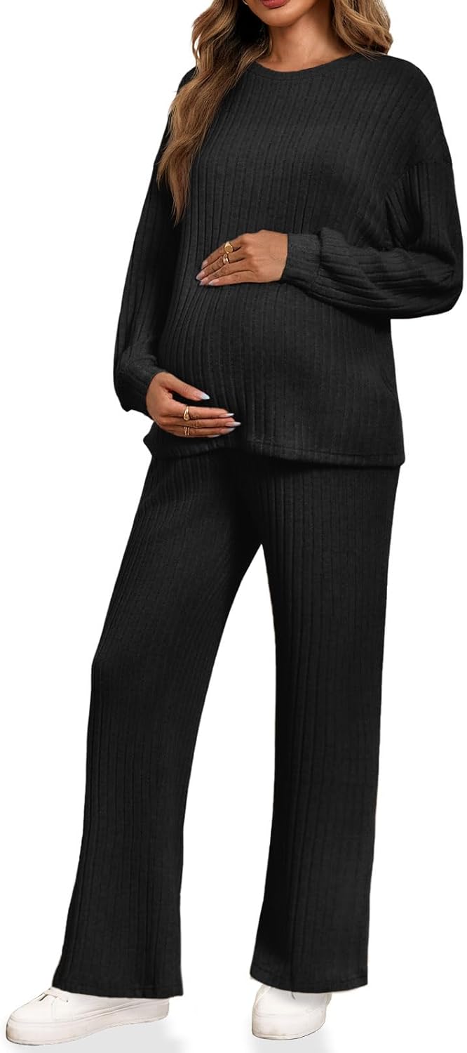 Yousify Womens Maternity Pajamas Sets 2 Piece Outfits Ribbed Knit Long Sleeve Tops Pants Loungewear Mama Clothes