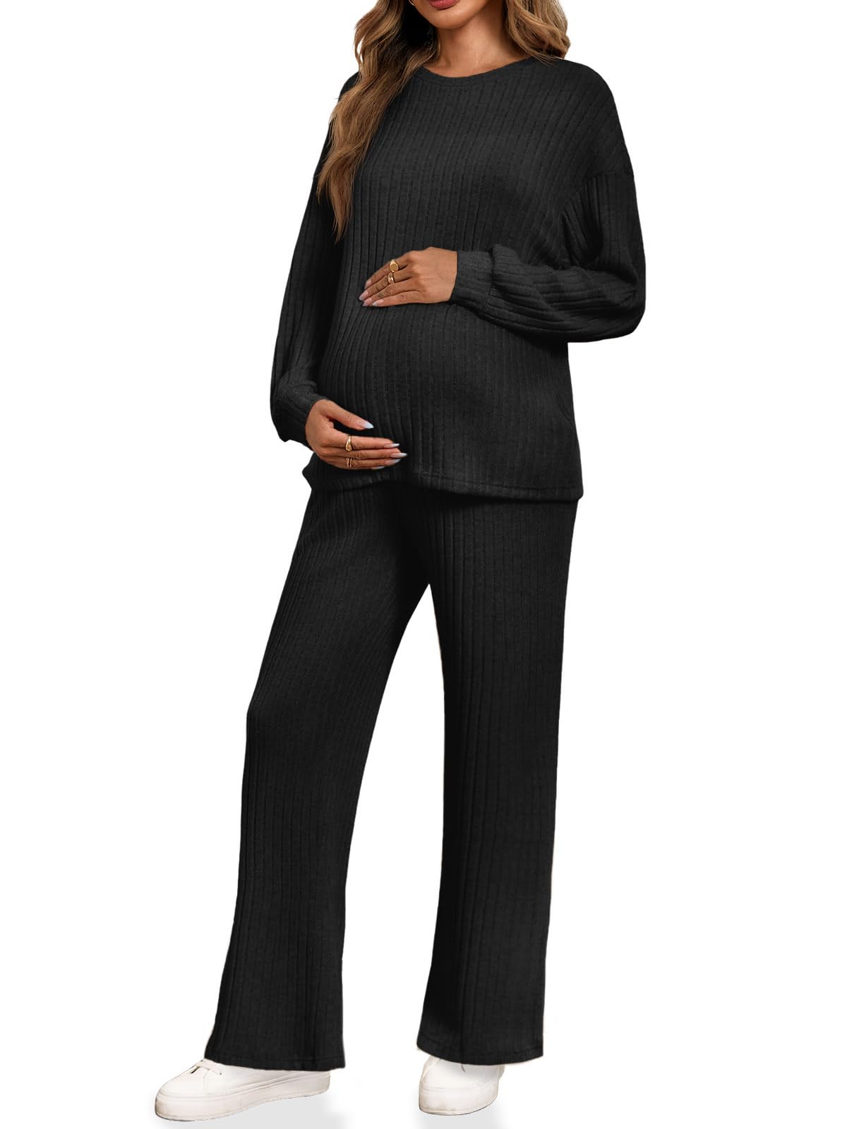 Yousify Womens Maternity Pajamas Sets 2 Piece Outfits Ribbed Knit Lounge Set