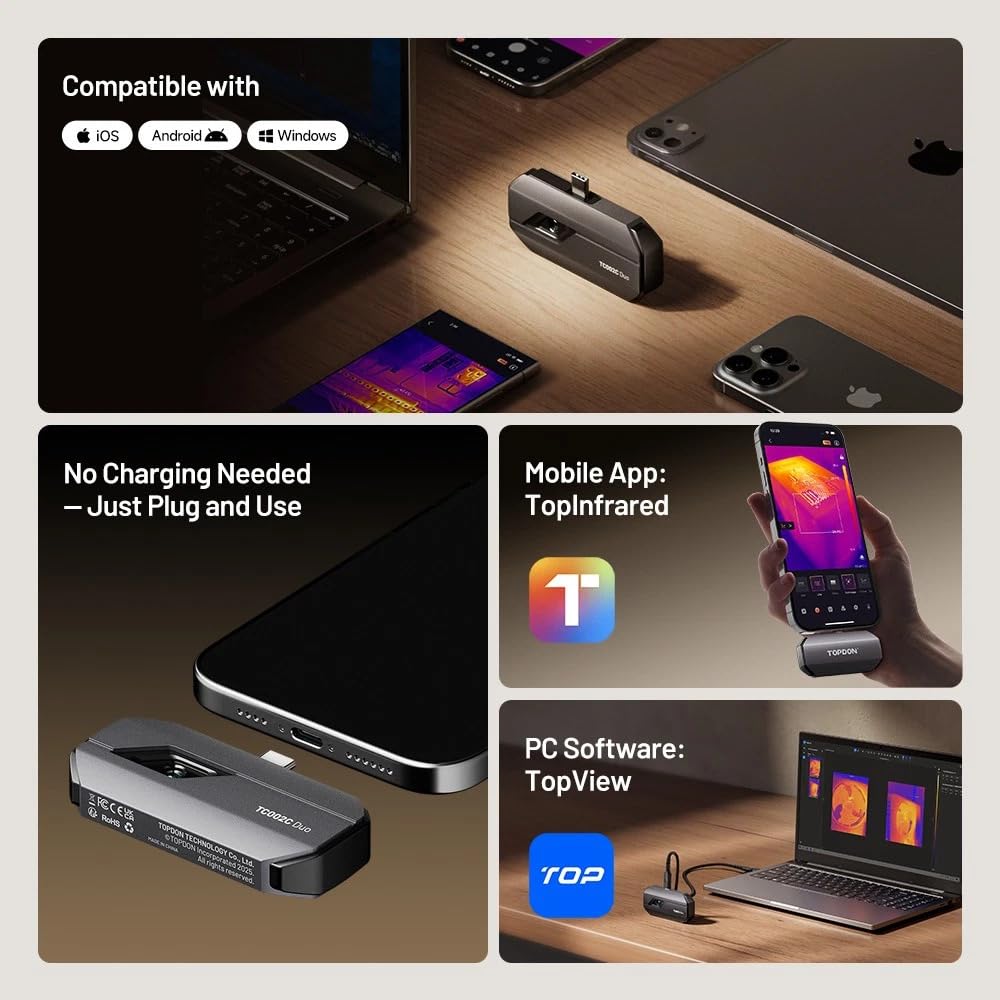 TOPDON TC002C Duo connected to various devices, showing compatibility with iOS, Android, and Windows, and highlighting the TopInfrared mobile app and TopView PC సాఫ్ట్‌వేర్.