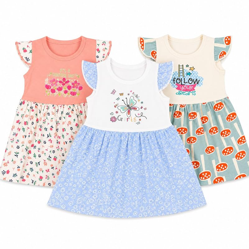 Image of EIO Girls Cotton Frock Dress Combo Pack et | Multicolor Knee Length Casual Dresses for Kids | Soft & Breathable Summer Wear Outfit Frock Set
