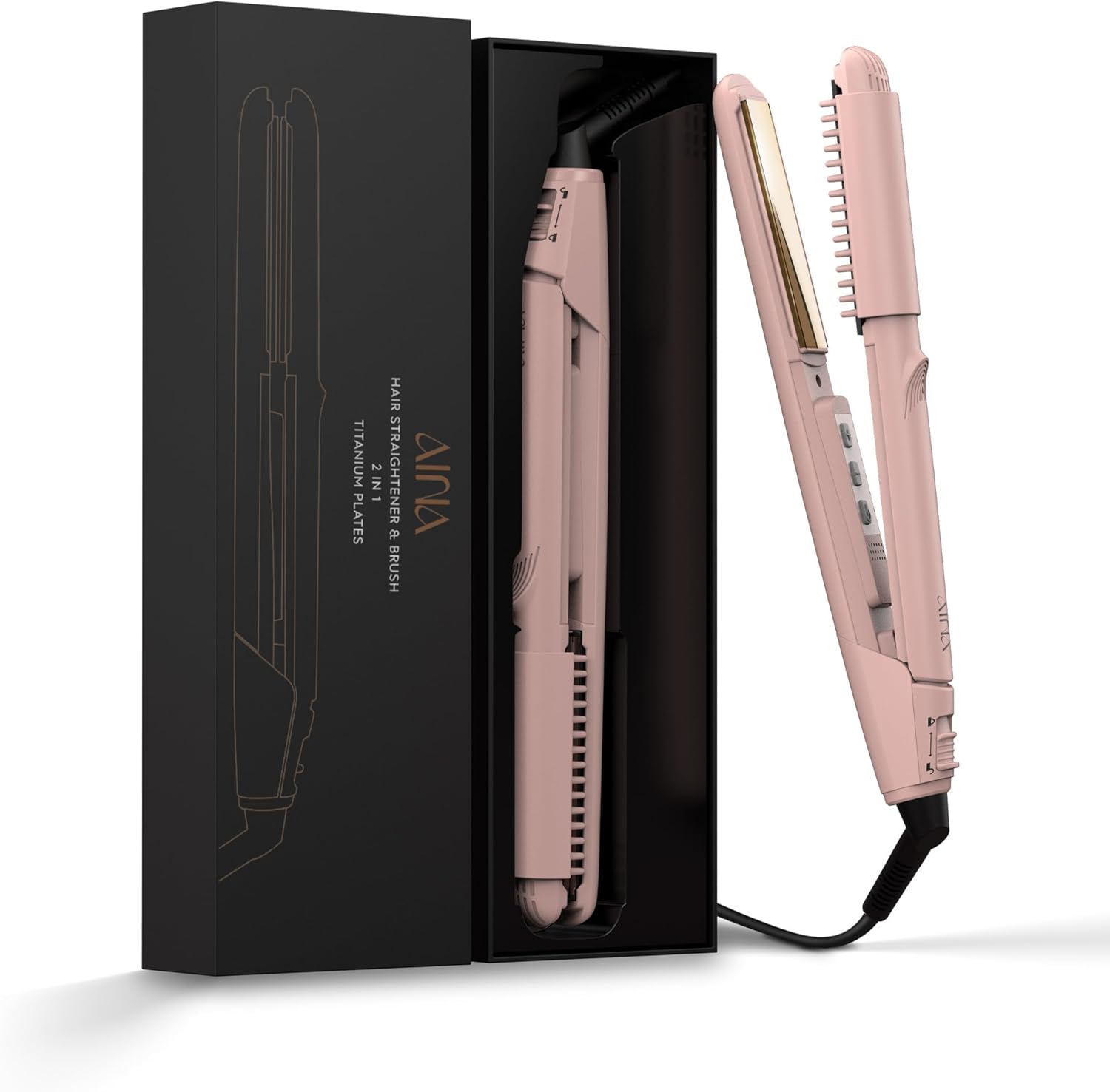 Haarstijlborstel, plat strijkijzer, titanium platen, dubbel voltage, krullend, 2-in-1, ontklitte kroes (roze)