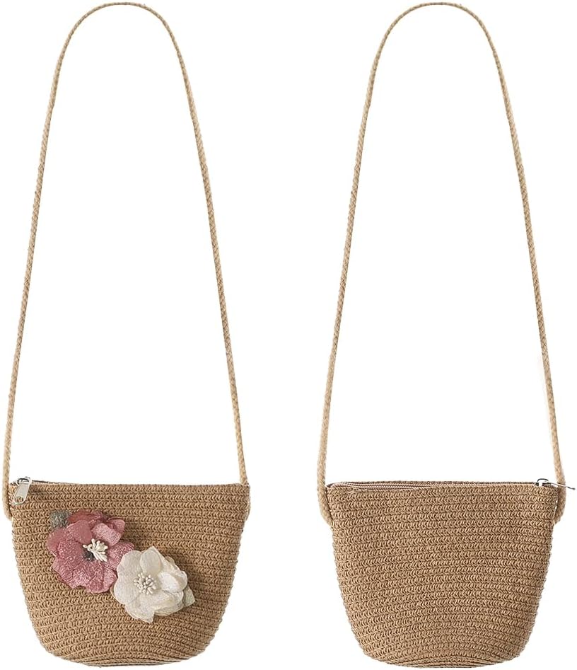 ITODA Little Girls Straw Flower Hat with Shoulder Bag Summer Beach Pool Floppy Sun Hat Wide Brim UPF 50+UV Sun Protection Cap