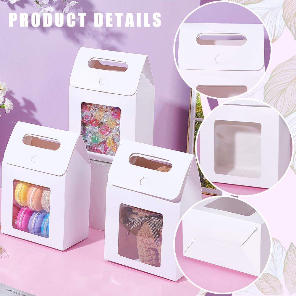 NBEADS 20 Pcs Kraft Paper Boxes with Window, Gift Boxes with Handle Cardboard Fold Box Candy Treat Box Party Favor Box for Christmas Wedding Donuts Cookie Chocolate, White, 5.5x3.1x7.48inch