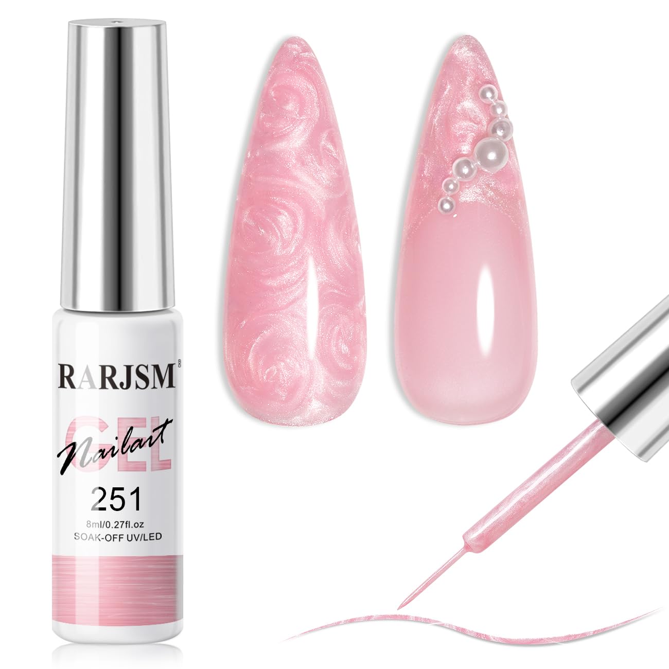 RARJSM Pearl Pink Nail Art Gel Liner Pearlescent Shell Glitter Swirl Effect Gel Nail Polish 8ml Build-in Thin Brush Painted Drawing Striper Soak-off Curing Requires for Home Salon Design