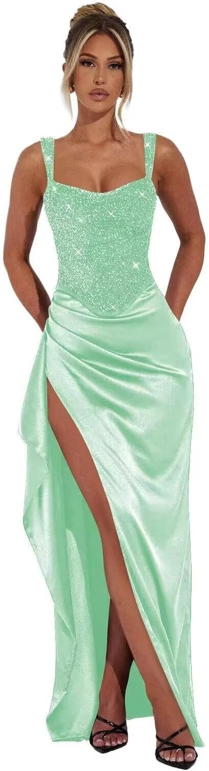 Womens Long Mermaid Prom Dresses 2026 Plus Size with Slit Sparkly Sequin Pleated Satin Ruffle Square Neck Mint Green Formal Evening Gowns 16W