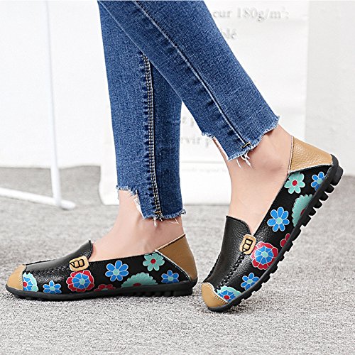 VenusCelia Women's Floral Comfort Walking Flats Loafer(9 M US,BiFl-Black)
