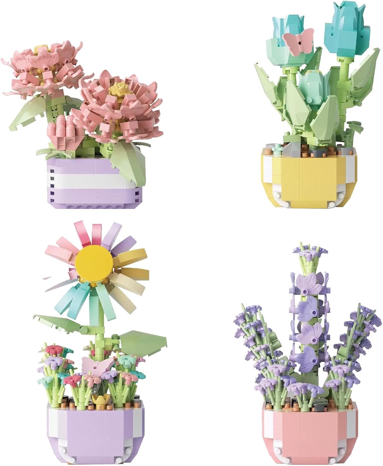 Mini Flower Bouquet Building Sets - Botanical Collection Artificial Flowers for Home Decor, Creative Easter Gifts for Teens Girls & Adults (Chrysanthemum, sunflower, tulip, lavender set of four)