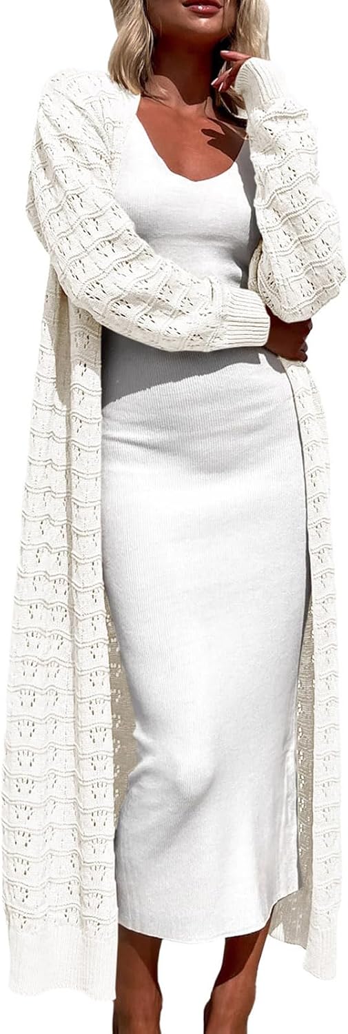 ZoeAce Womens Crochet Maxi Cardigan Sweaters Open Front Knit Long Sleeve Lightweight Duster Cardigan Casual Winter Outfits