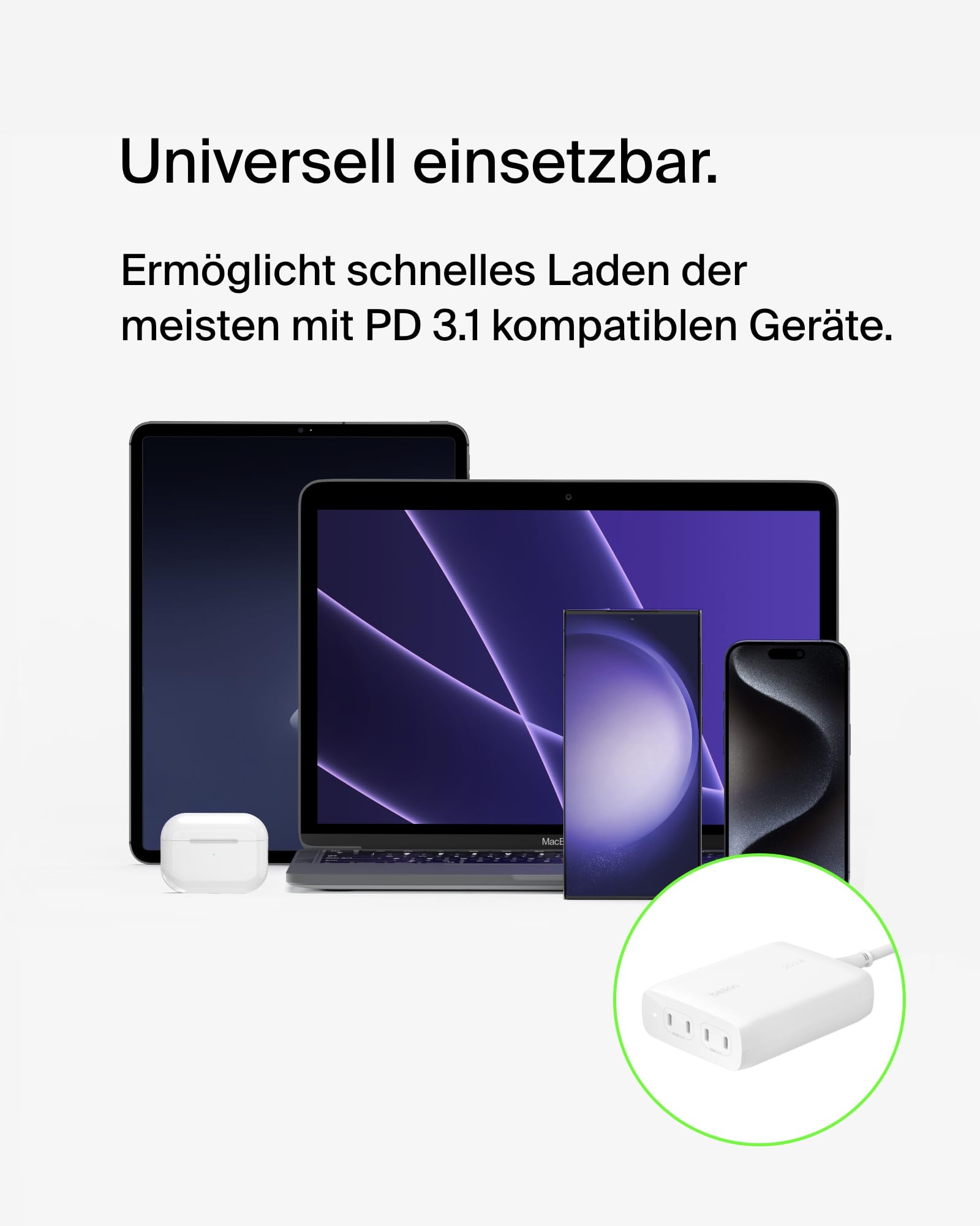 Belkin BoostCharge Pro 4-Port-USB-C-GaN-Ladegerät, 200-W-Schnellladegerät mit USB-C PD 3.1 und 1,5-m-Netzkabel für MacBook Pro, iPhone 17, iPhone Air, iPad, Galaxy S25, Pixel 10, Laptop