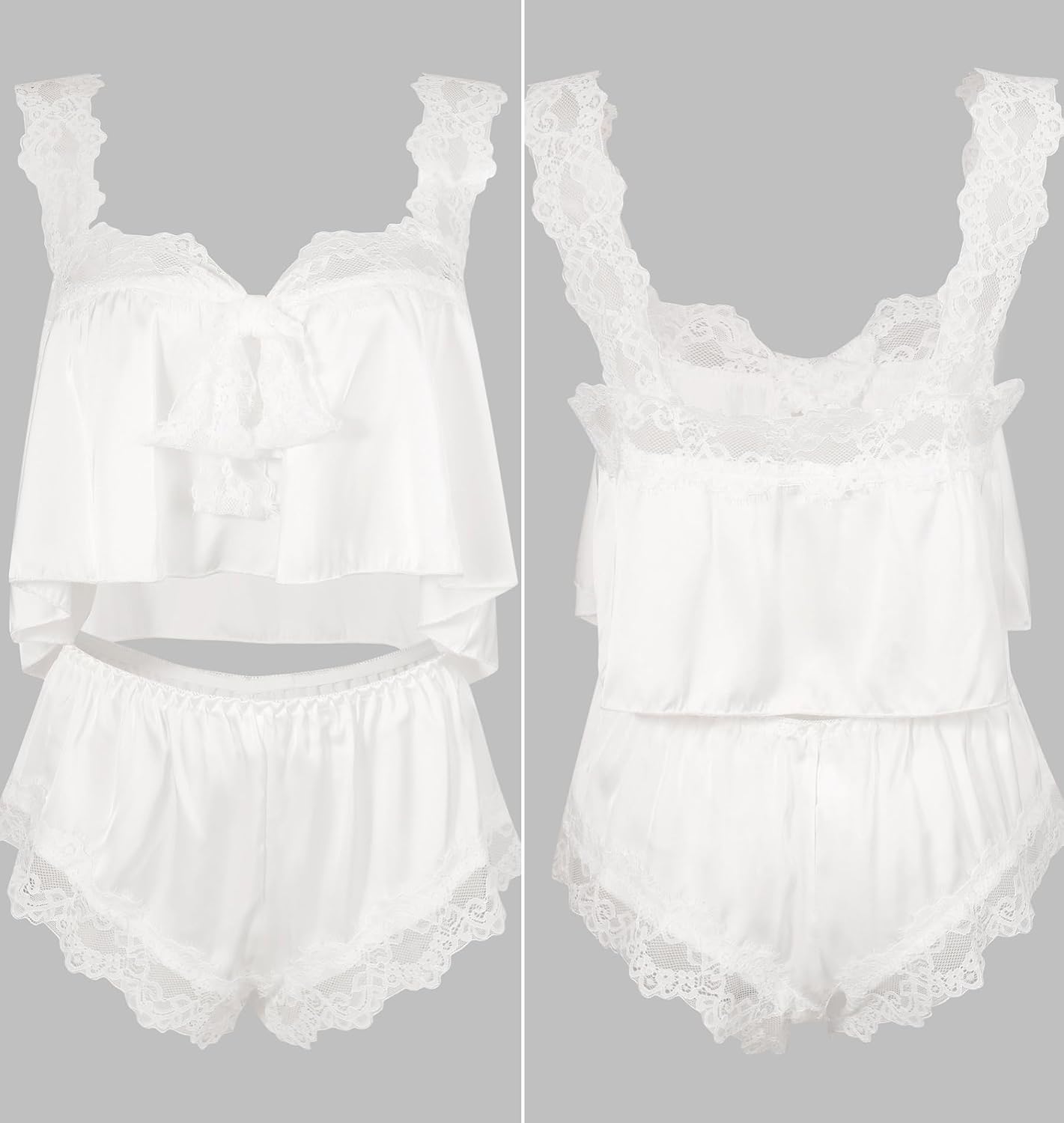 BIGFOX Sexy Pajama Set for Women Cami Shorts Set Satin Lace Top & White Lace Shorts Lingerie Sleepwear Sexy Costume for Women