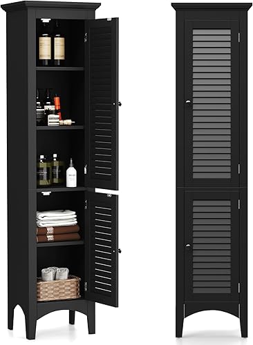 Miniatura 14 de Giantex Gabinete de almacenamiento alto para baño, gabinete de piso estrecho independiente con puertas, estantes de 5 niveles (1 altura ajustable),