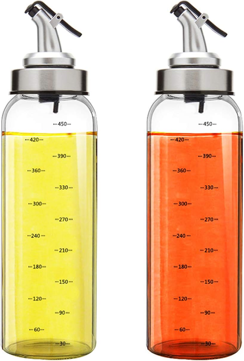 Marbrasse 2 Pack Olive Oil Dispenser Bottle, 17OZ Vinegar Dispensing Cruets With Dripless Capped Spout, No Drip,Liquid Condiment Container, Glass Decanter for Kitchen with Degree Scale