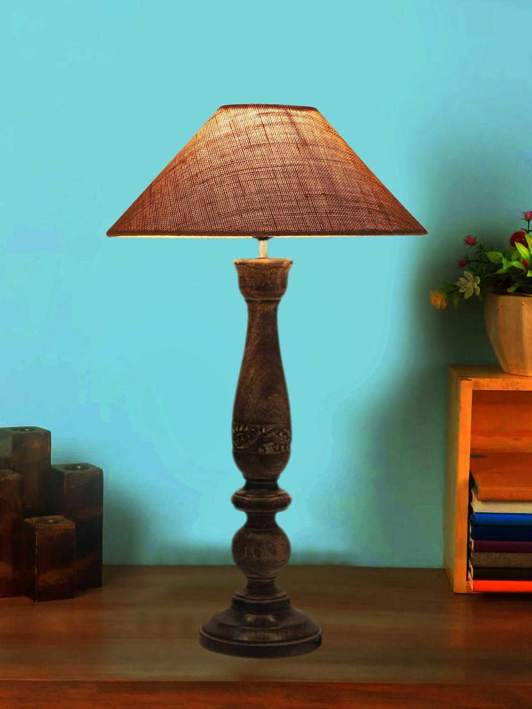 Devansh Coolie Beige Jute Shade Lamp with Wood Base for Decoration/Office/Home/Gifting/Study for Office/Home/Gifting -(13x13x21) Inches - 2