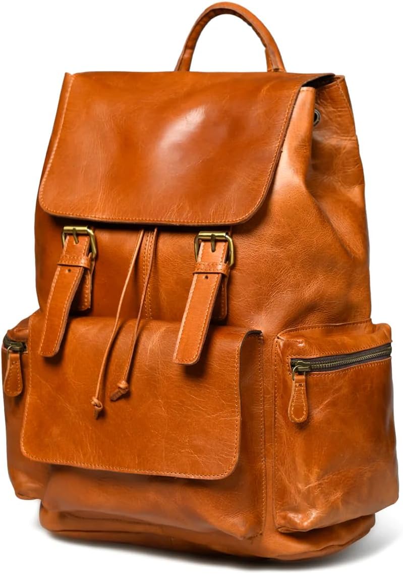 Vintage Genuine Leather Backpack for Men & Women 16-Inch Laptop Rucksack Large Capacity Travel Hiking School Bag (Tan)