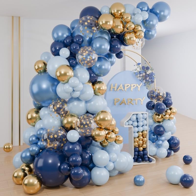 Kit Arco de Balões Aniversário Azul Marinho - 133 peças Kit Guirlanda de Balões Azul e Dourado com Balões Confete Dourado, Arco de Balões para Crianças Homens Aniversário Festa Chá de Bebê Graduação