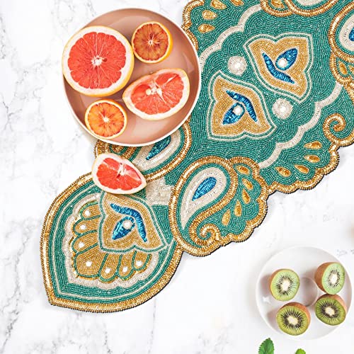 Christmas Table Runner 36 Inches, Beaded Table Runner, Beaded Runner, Table Runner, Beaded Table Runner 36 Inches Long, Handmade Table Mats For Christmas New Year Decoration - Paisley - Teal Gold #TOP1