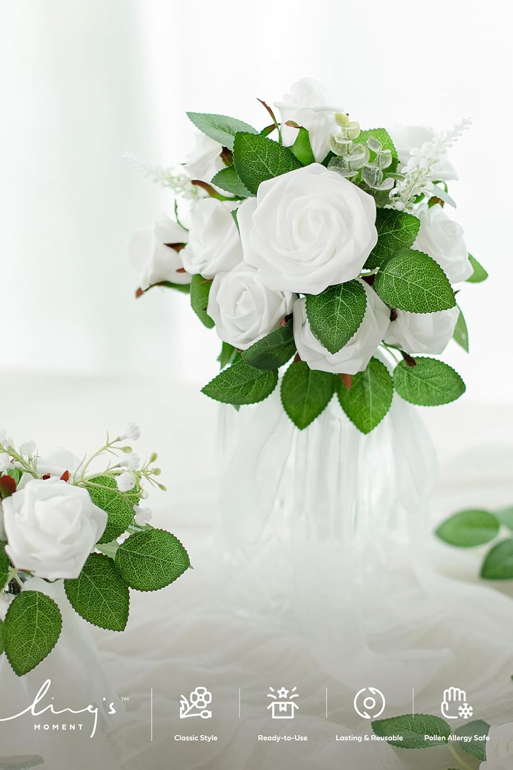 Ling's moment 1.5/2 inch Artificial Rose White Buds and Petite Roses w/Stem Pack of 25 for DIY Wedding Boutonniere Corsages Bouquets Centerpieces Decorations
