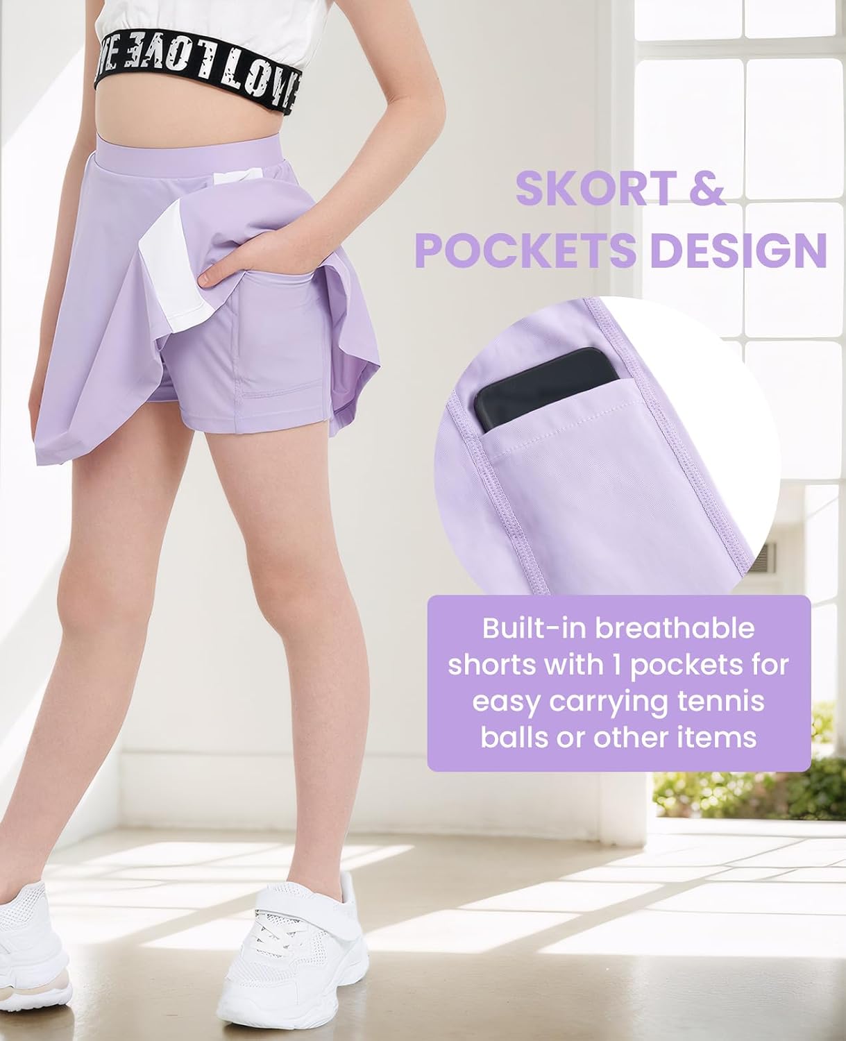 Gogokids Girls Tennis Skirts with Pockets, Youth Golf Athletic Pleated Skorts with Lining Shorts A-line Mini Skater